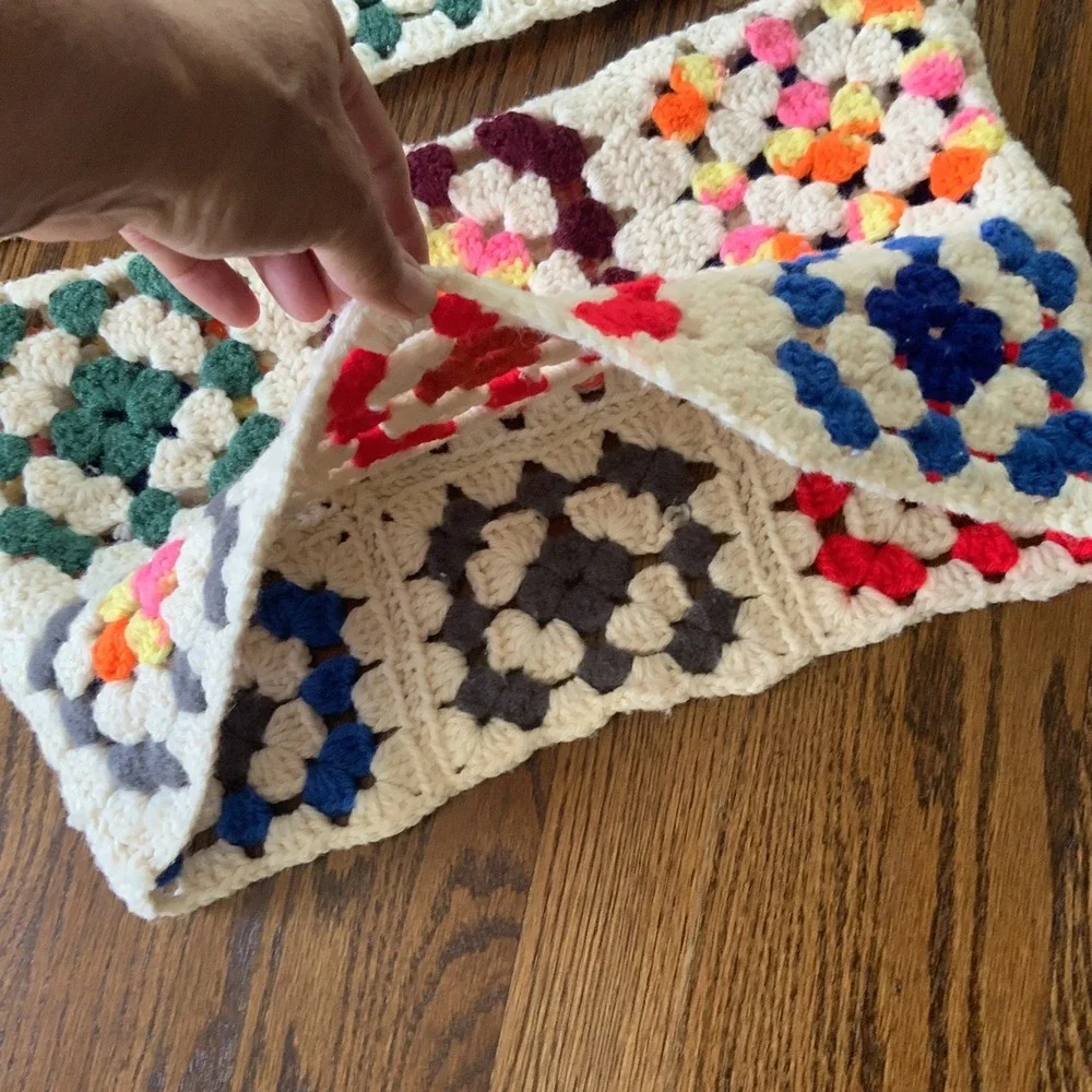 VTG Pair Hand Made Crochet Colorful‎ Granny Square Pillow Covers READ